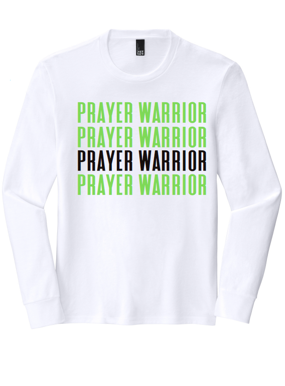 Prayer Warrior Long Sleeve Unisex Tee, White with Neon Green Puff Imprint