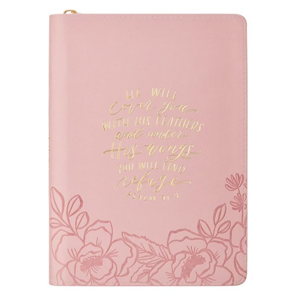Under His Wings Pink Faux Leather Classic Journal with Zipper Closure - Psalm 91:4