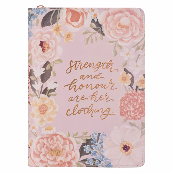 Strength and Honor Pink Floral Faux Leather Classic Journal with Zipper Closure - Proverbs 31:25