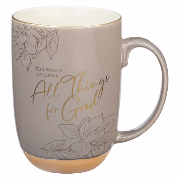 MUG1221 All Things for Good Taupe Ceramic Coffee Mug with Exposed Clay Base - Romans 8:28