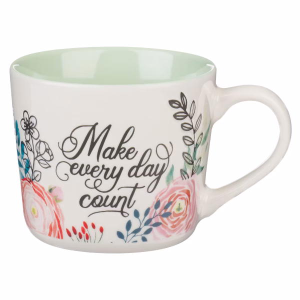 Make Every Day Count Green Floral Ceramic Coffee Mug