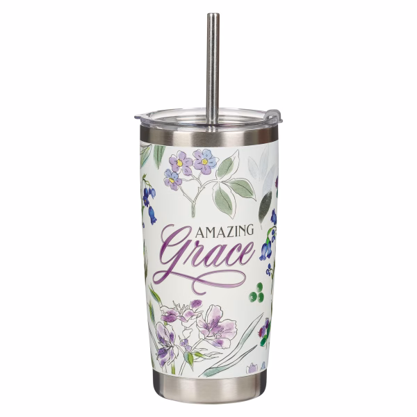 SMUG275 Amazing Grace Purple Floral Stainless Steel Travel Tumbler with Stainless Steel Straw
