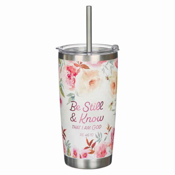 SMUG277 Be Still and Know Bright Floral Stainless Steel Travel Tumbler with Stainless Steel Straw - Psalm 46:10